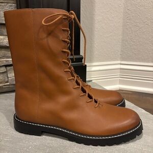 J. Crew Gwen Lug Sole Rich Oak Brown Leather lace-up Tall Shaft Combat Boots 9.5